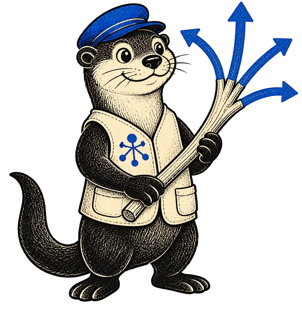 Tollie, a friendly otter carrying a four-way routing sign